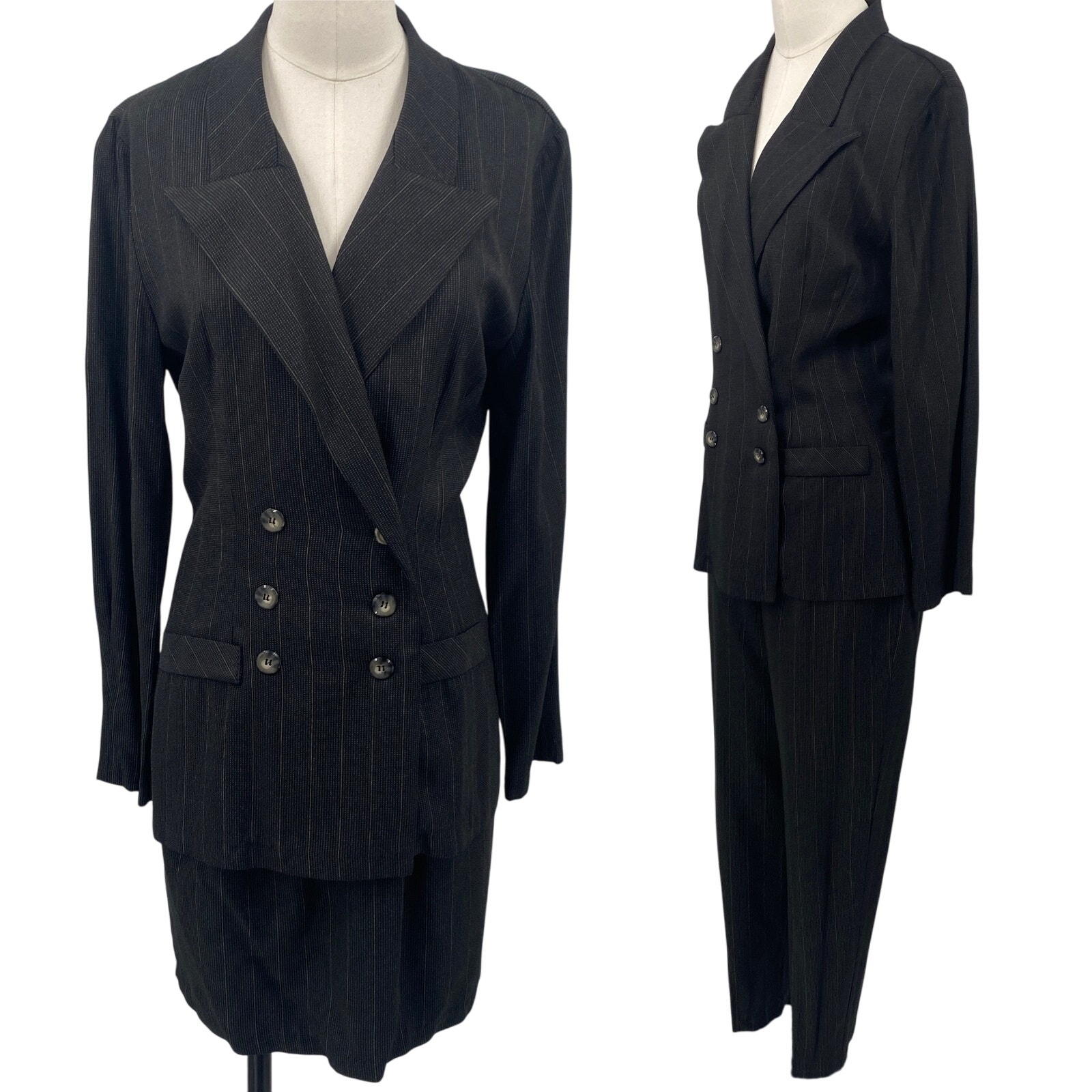 Vintage 90s All that Jazz 3 Piece Suit Set Blazer Skirt Pants Pinstripe Black XS