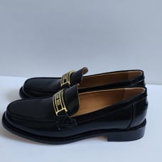 ICONIC STURDY GOLD BLACK LOGO ALMOND TOE LOAFERS 38 OR 7.5 WITH BOX