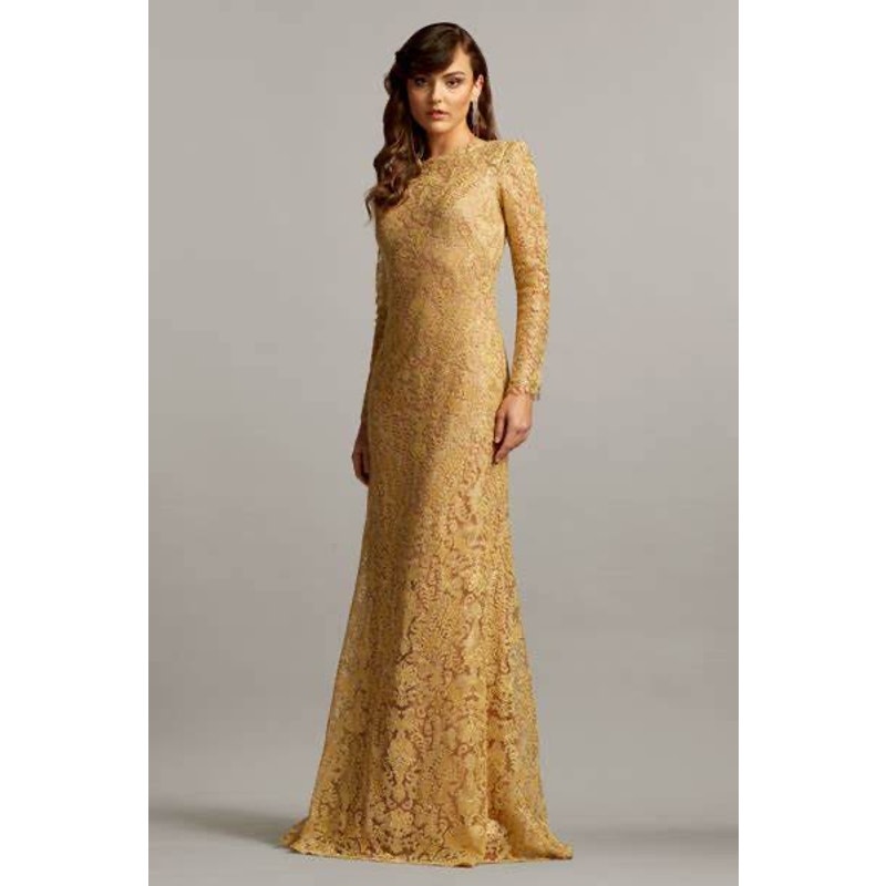 Tadashi Shoji Gold Lace Long Sleeve Open Back Full Length Sheath Formal Gown 8
