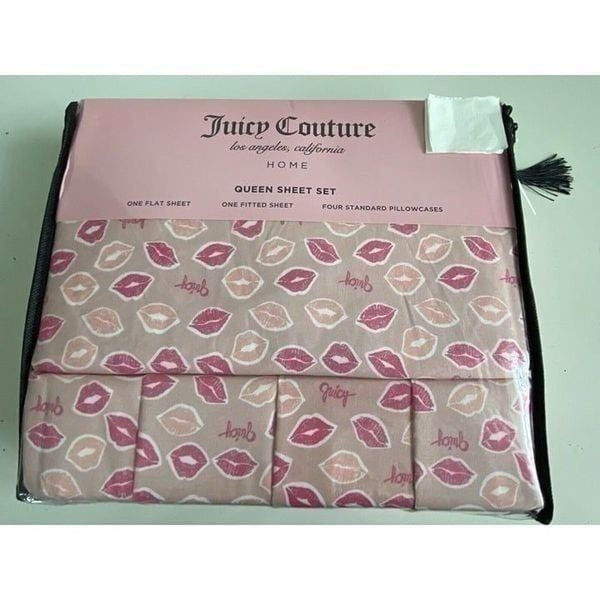 6 Pieces Juicy Couture Pink Lipstick Kisses QUEEN Size Sheet Set Soft NEW
