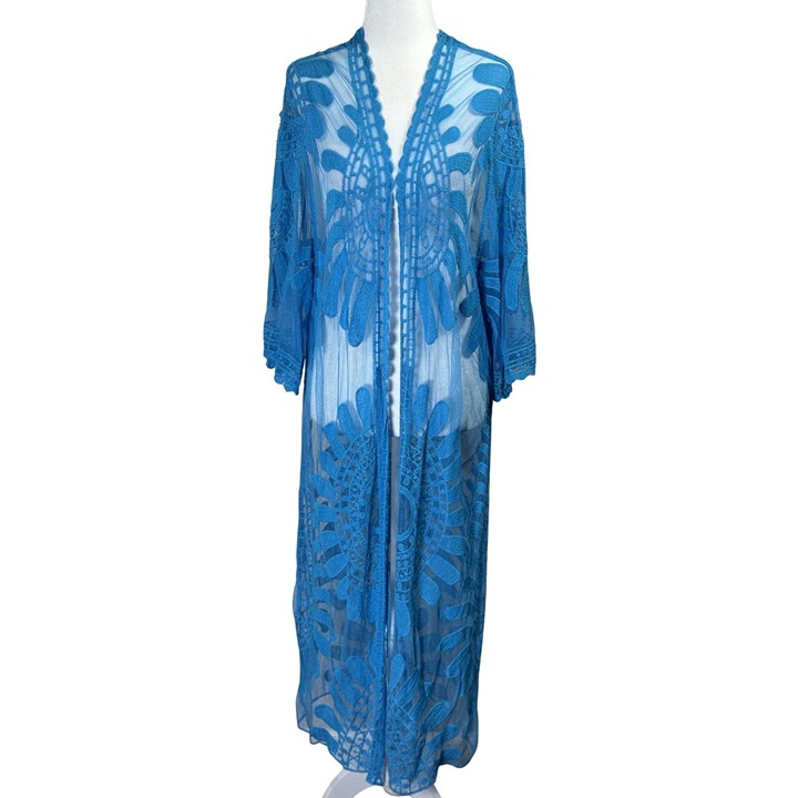 Rebellione Size M /L Long Blue Sheer Cover Up Kimono With Embroidered Floral