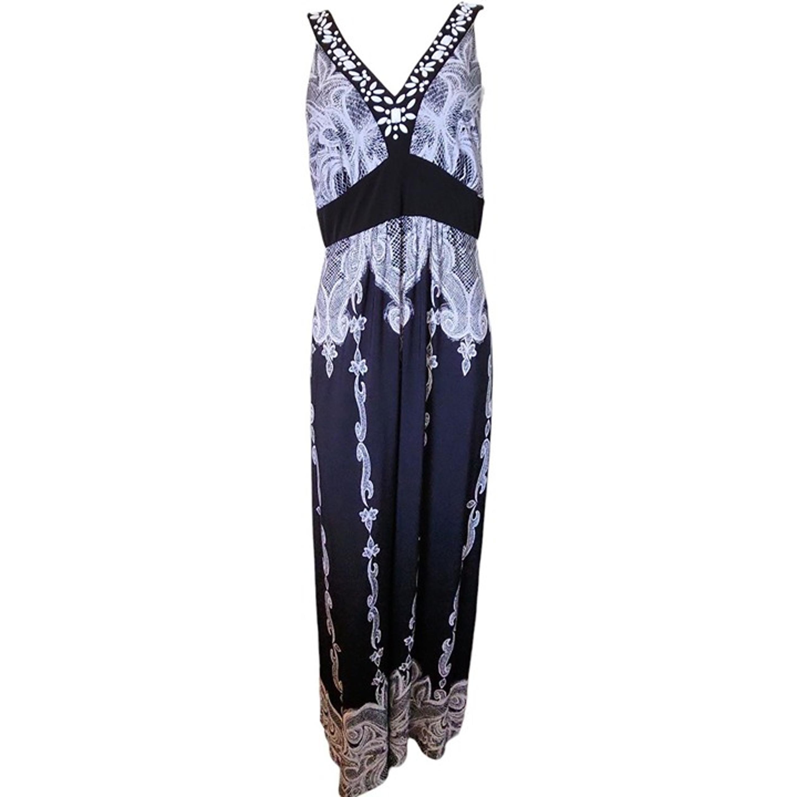 Style & Co Dress Womens Size XL Black White Beaded Neckline Smocked Long Maxi