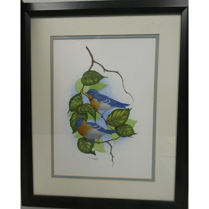 Original Fine Art B Taylor signed Two Bluebirds watercolor Painting Framed under