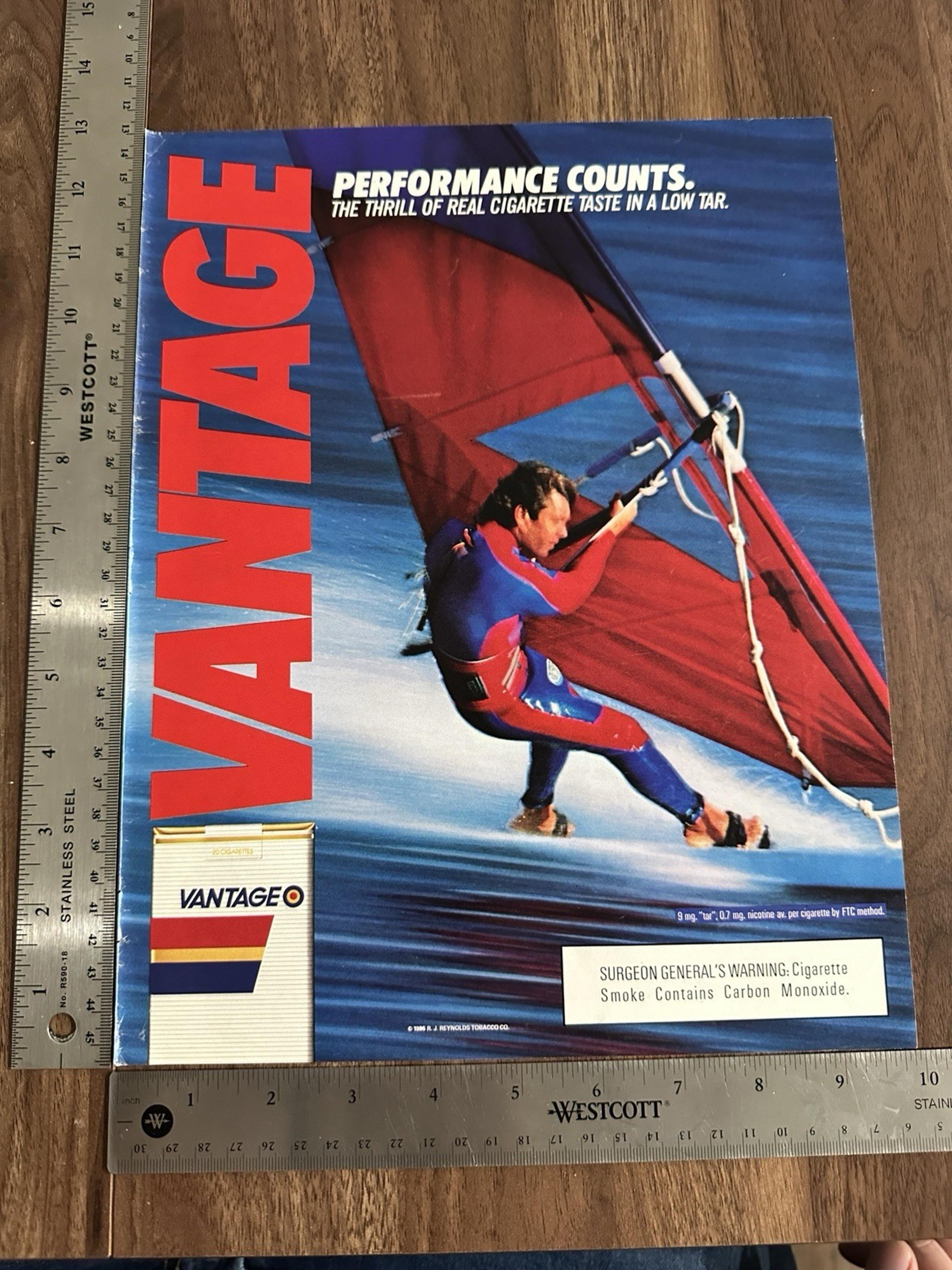 1986 Vantage Cigarettes Performance Counts Print Ad Wind Surfing Man