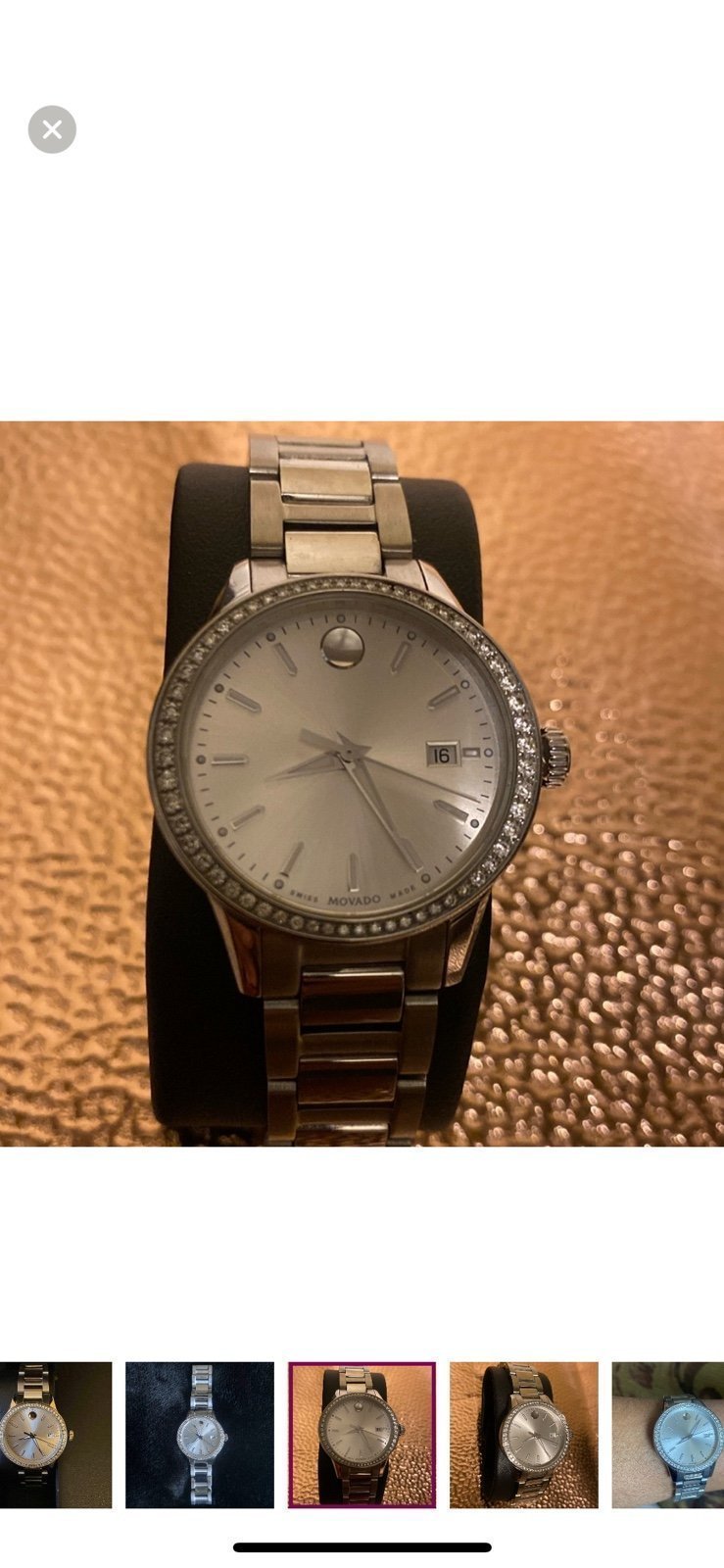 Luxurious Movado Diamonds Bezel Date Adjust Silver Dial Ladies Dress Watch.