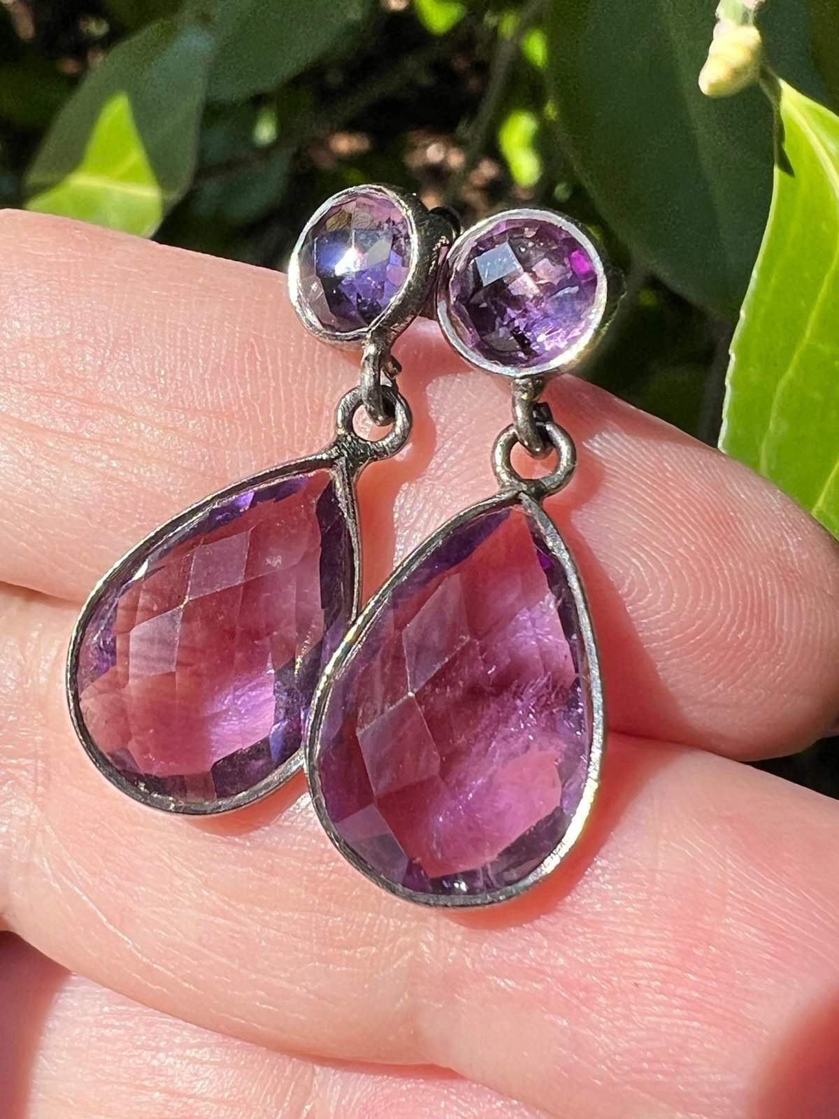 VINTAGE FACETED AMETHYST DROP DANGLE LONG EARRINGS 925 STERLING SILVER