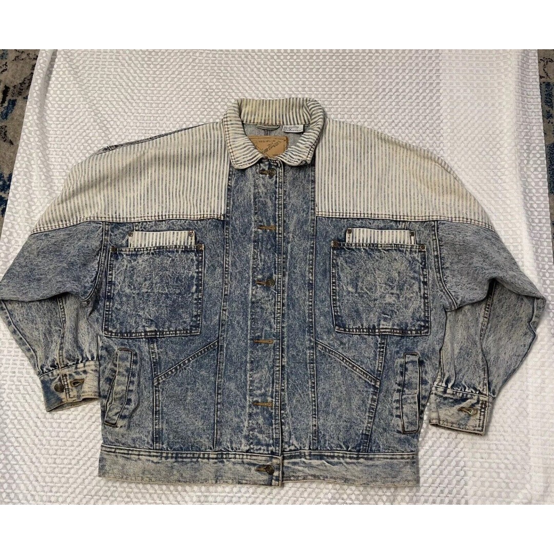 Vtg Y2K Tru Blue Denim East West Acid Wash Jean Jacket Striped Oversize Women M