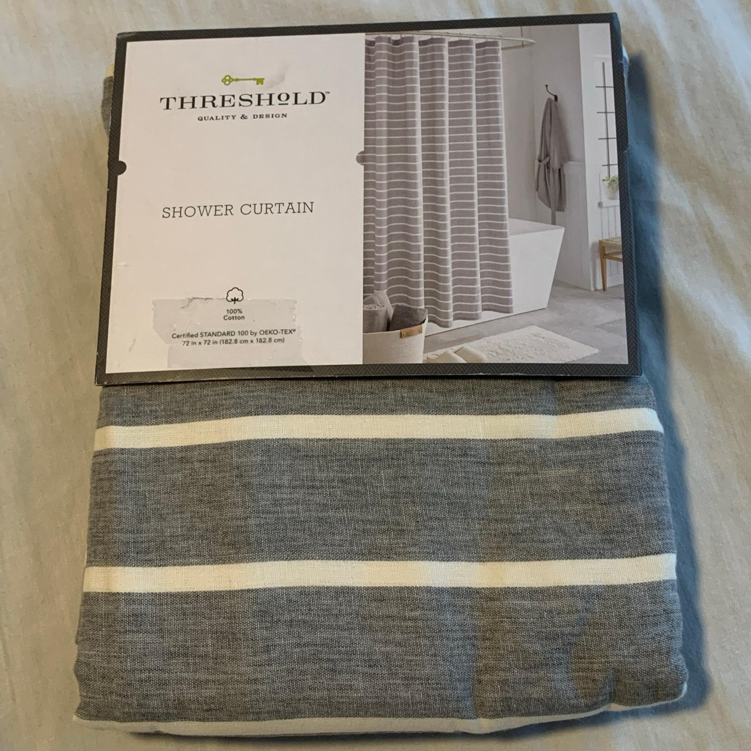 Threshold Gray Stripe Shower Curtain 100% Cotton Buttonhole Top 72 x 72 New!