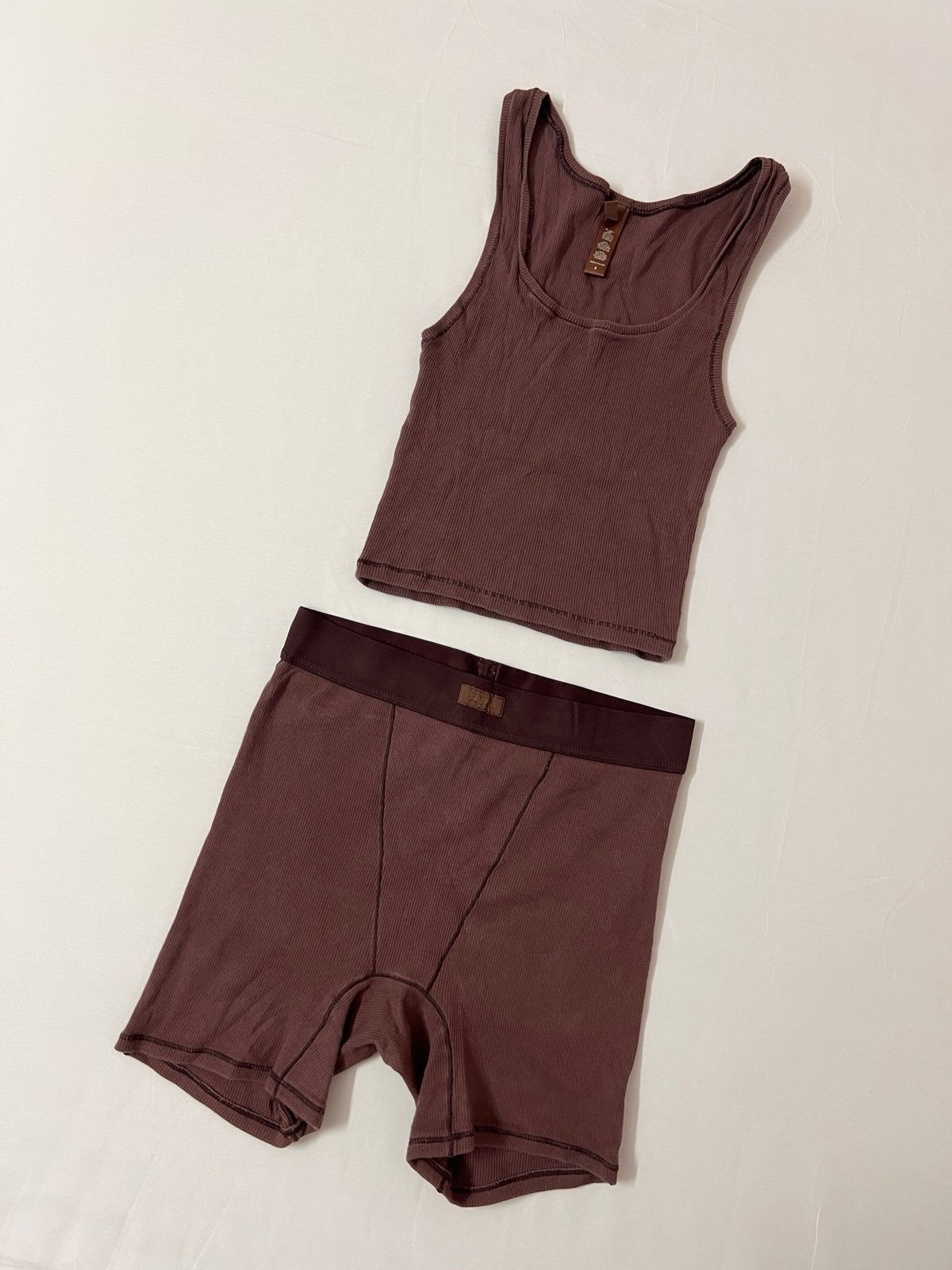 SKIMS Cotton Ribbed Rib Tank Crop Top + Boxer Shorts Short Set Red Maroon