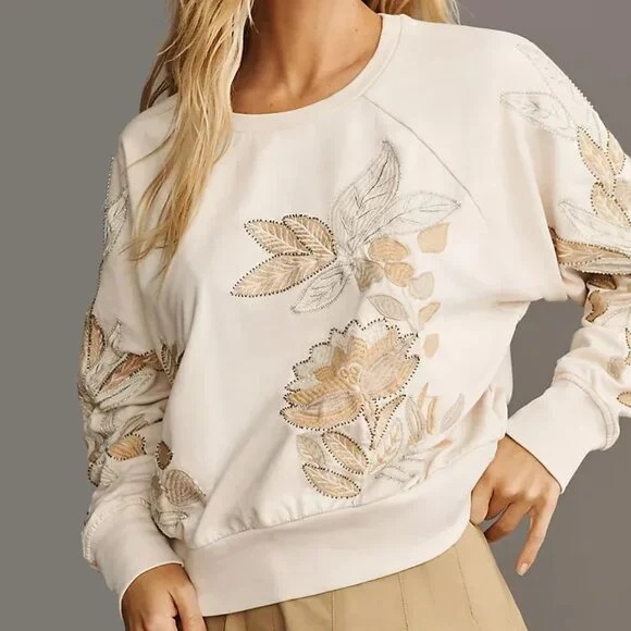 NEW Anthropologie Women Pilcro Embroidered Floral Beaded Sweatshirt Beige