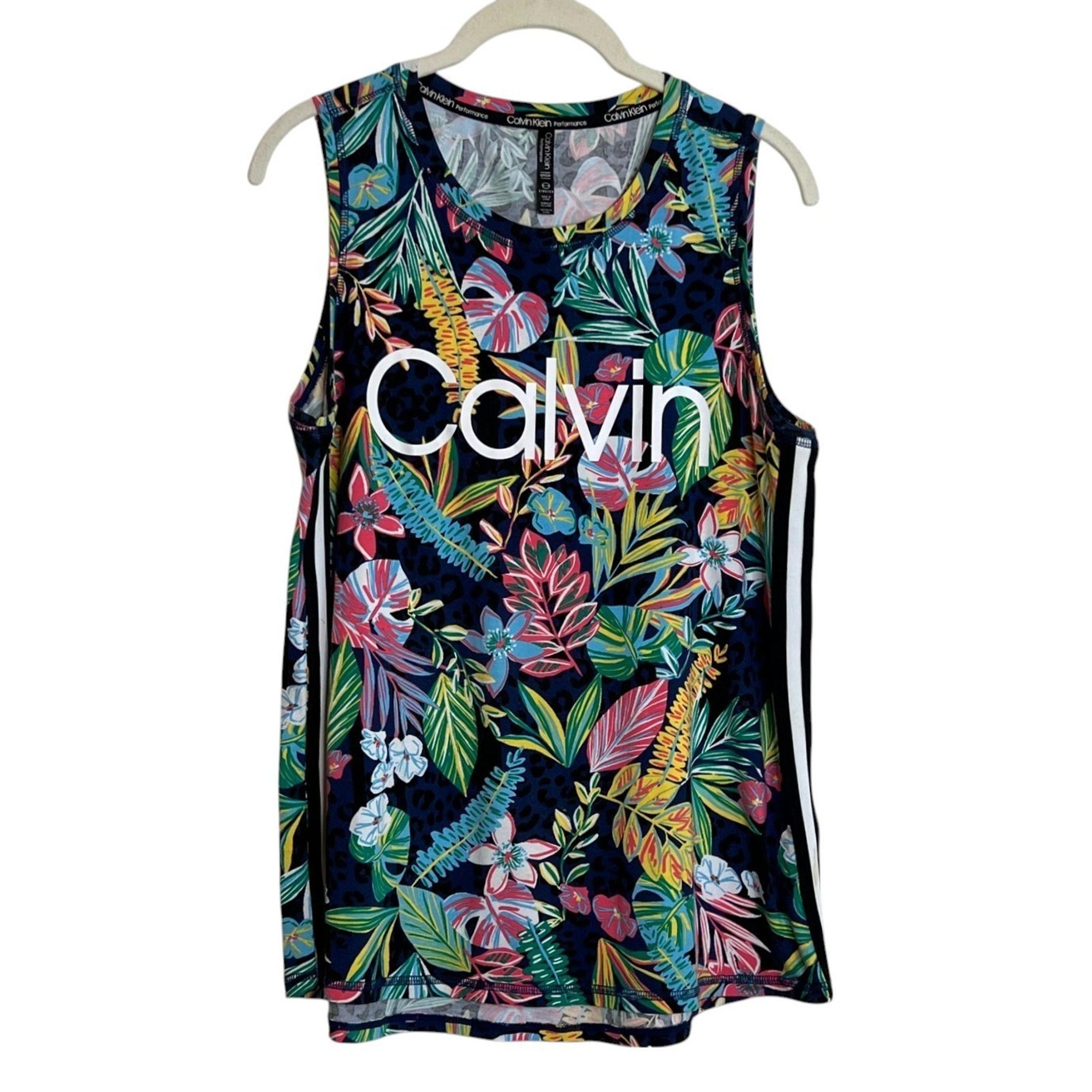 Calvin Klein Womens Tank Top Small Tropical Floral Logo Sleeveless Stretch
