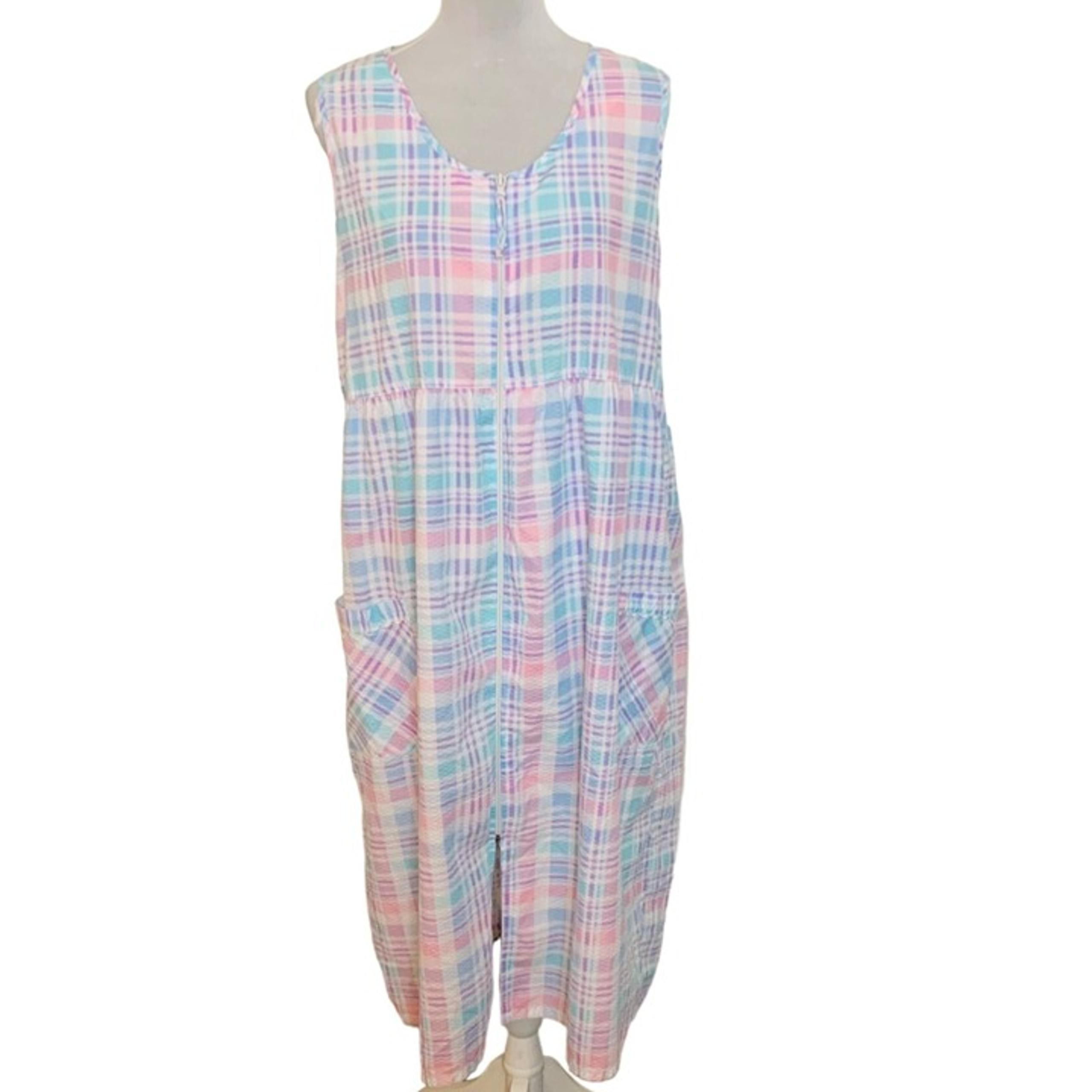 Retro 80s Seersucker Sleeveless House Dress Sz XL Robe Nightgown Pink Blue Plaid