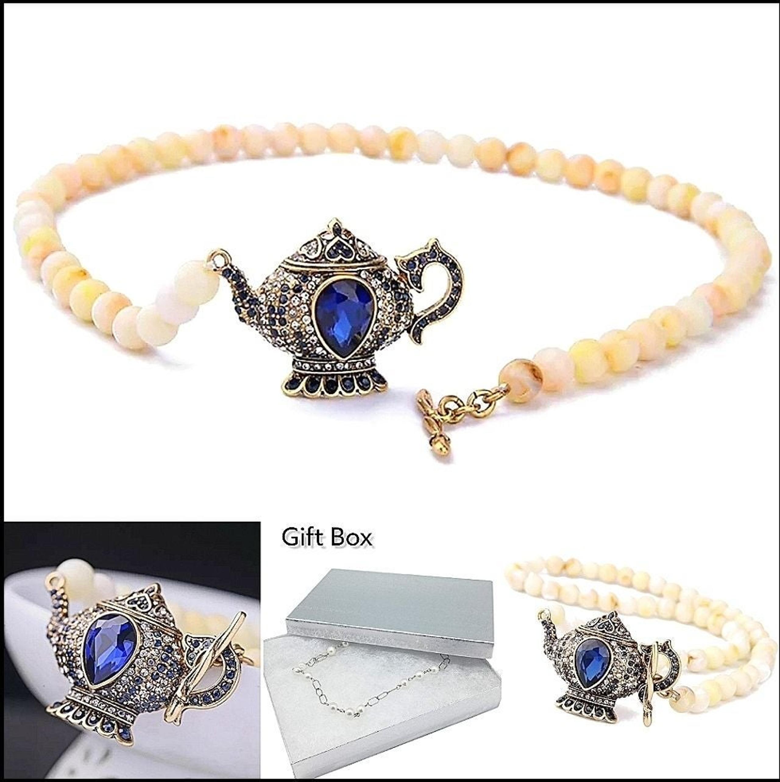 Gold yellow white marbled pearl blue crystal teapot necklace