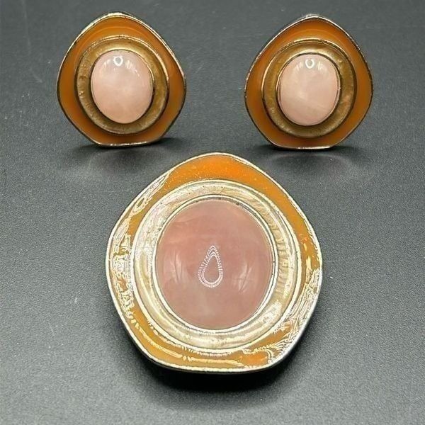 VTG 80s Celia Sebiri Avon Pink Quartz Enamel Brooch Pendant Clip Earrings Set
