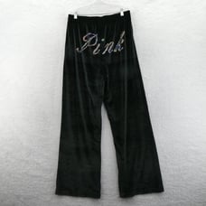 Victorias Secret Large Velour Shine Logo Wide Leg Pants Lounge Black Bling Cozy
