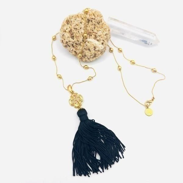 Vintage Ann Klein Brushed Gold Black Tassel Necklace