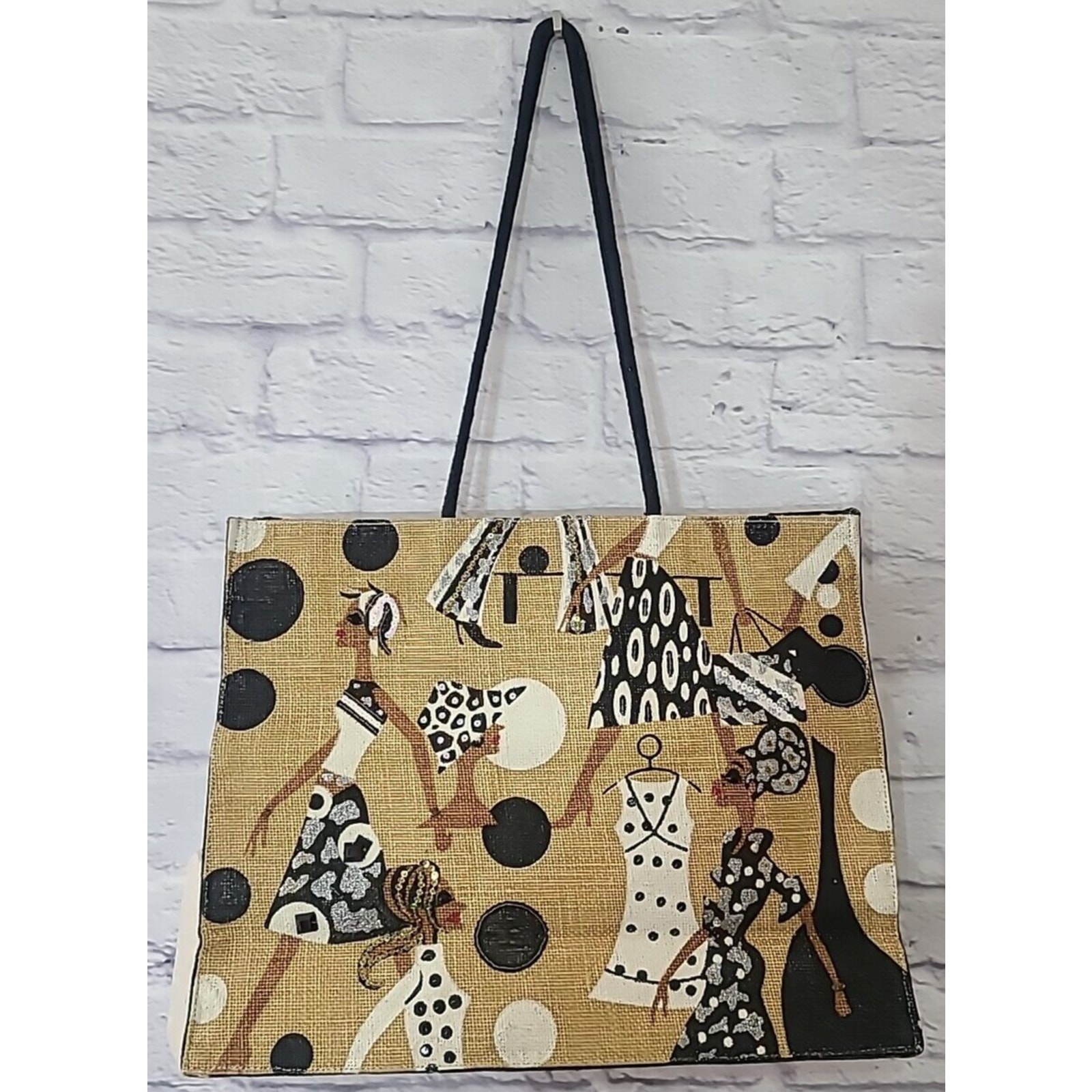 Embellished Jute Shopping Tote Bag Purse Brown Taupe Black Silver Change Purse