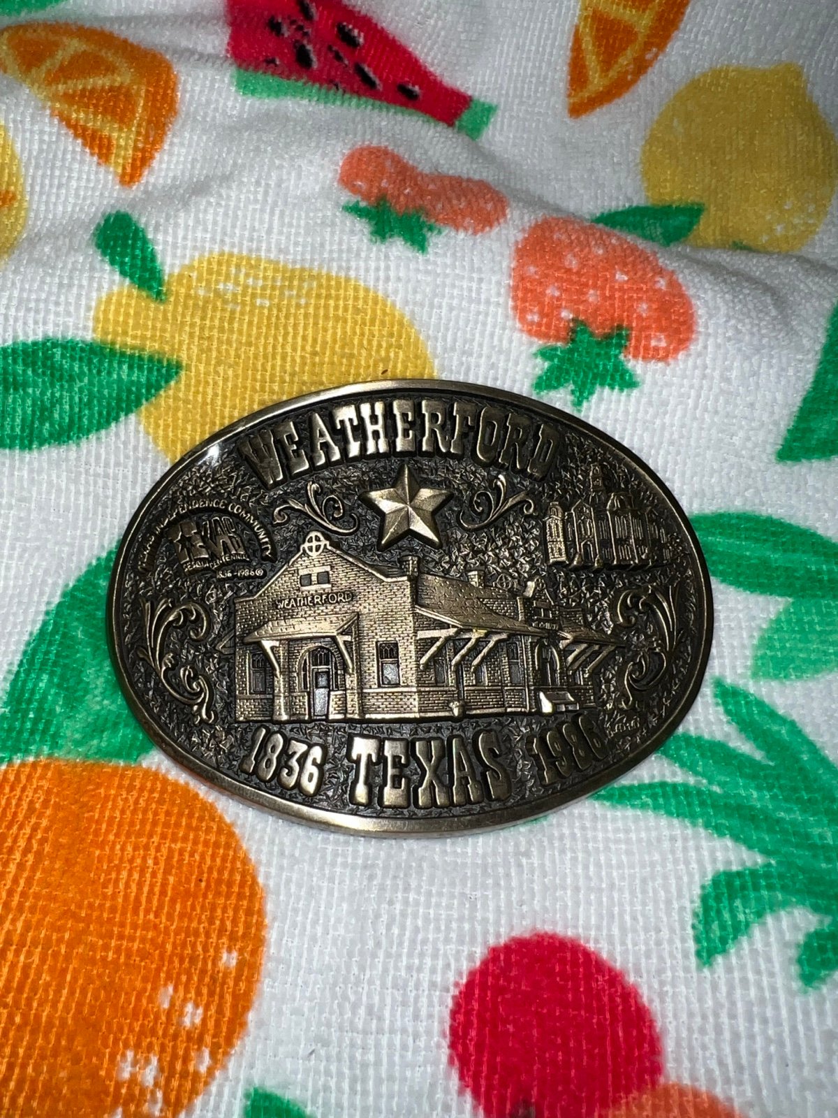 Belt Buckle Weatherford Texas 1836-1986 Solid Brass
