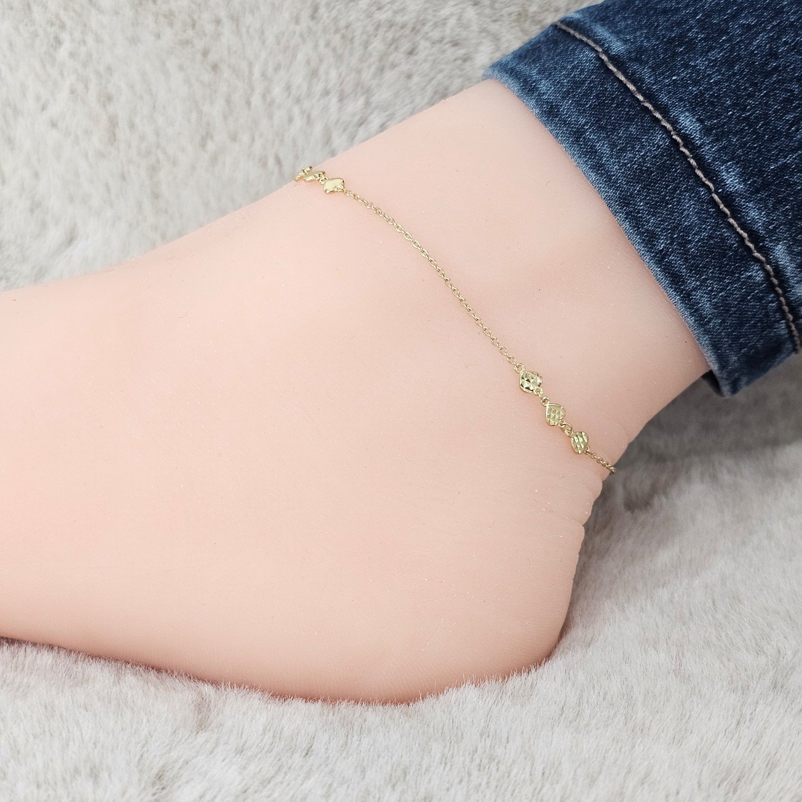 10K Yellow Gold Fancy Anklet Hollow 3 mm Heart design Dainty Rolo Chain 9+ 1 inc