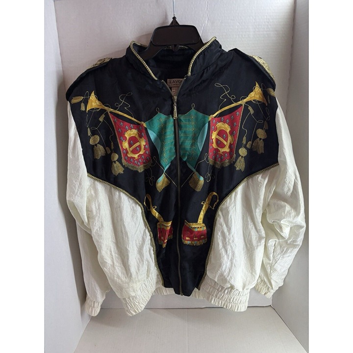 Vintage Lavon Black & White Marching Band Theme Jacquard Print Windbreaker M