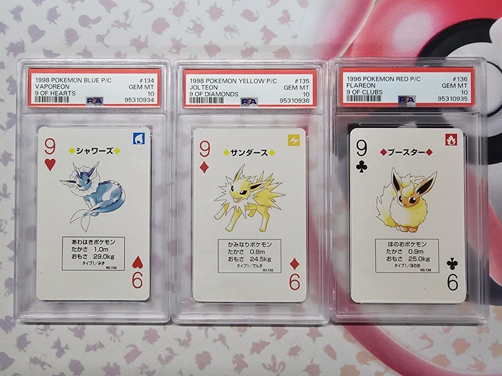 1996-98 Pokemon Poker Vaporeon Jolteon Flareon Blue Yellow Red PSA 10 Sequential