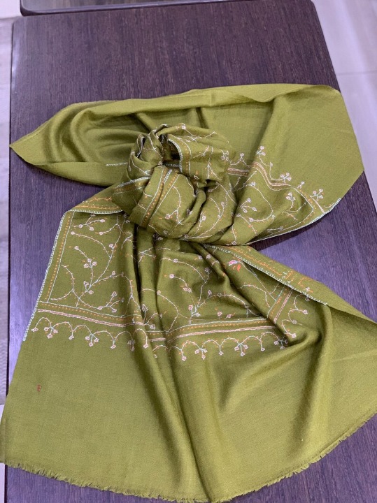 Hand Embroidered Green Cashmere Scarf - Hand Woven and Hand Embroidered
