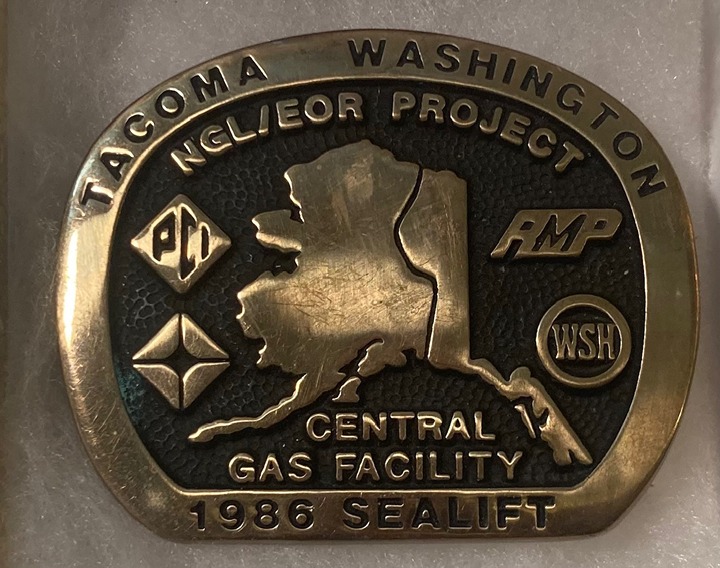 Vintage 1986 Metal Belt Buckle, Brass, 86 Sealift, Tacoma, Washington, Central