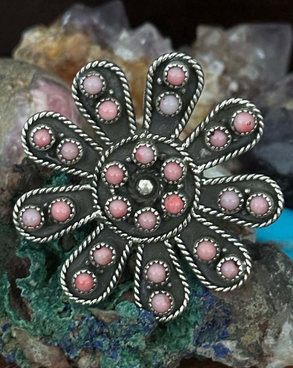 Pink Coral snake eyes statement flower sterling silver ring