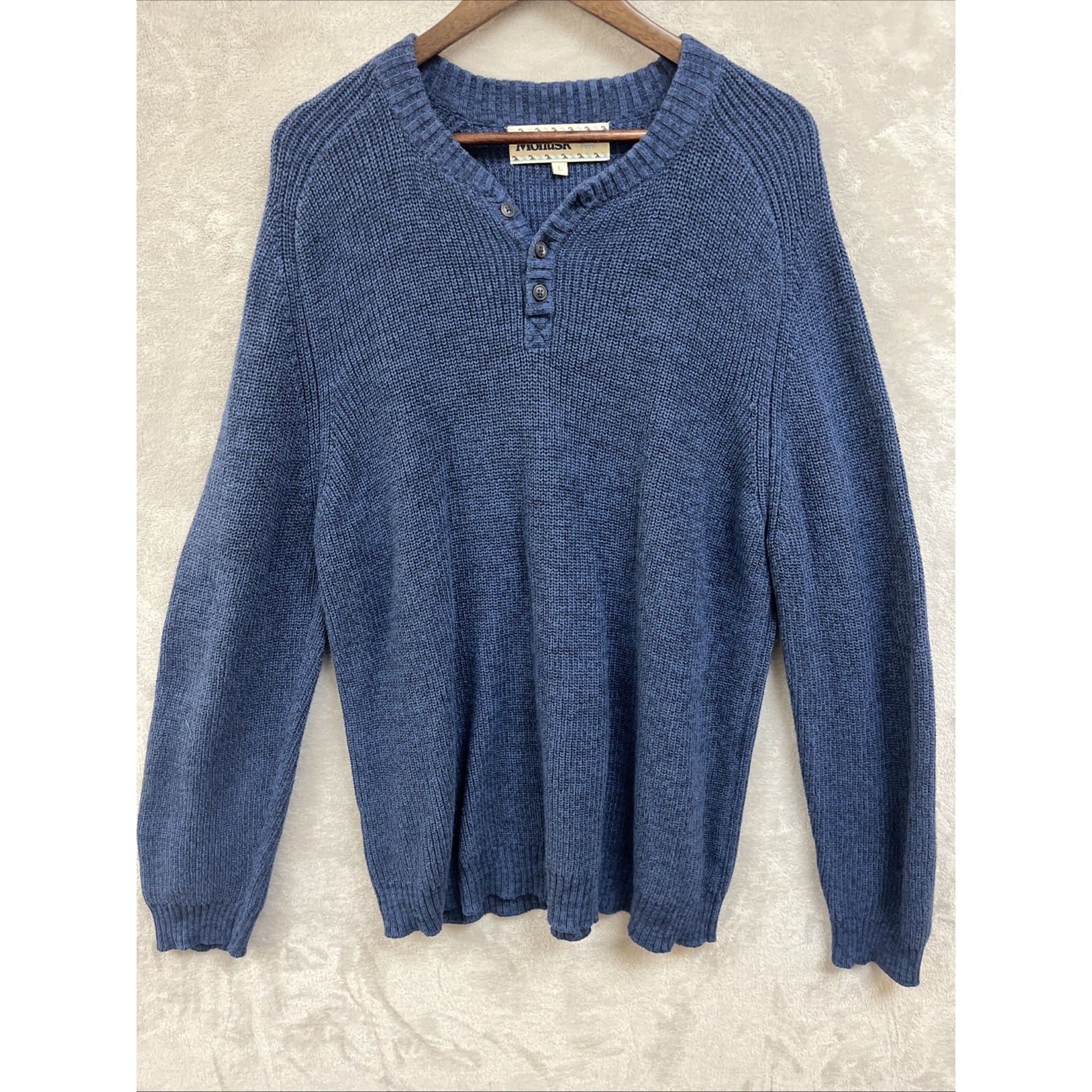 Mollusk Surf Sweater Men's L Blue 100% Cotton Andover Slim Fit Saddle Shoulder