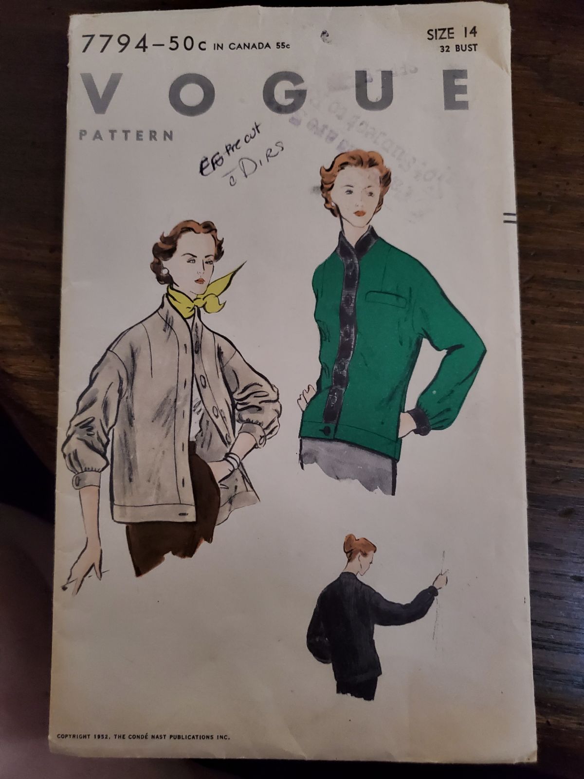Vintage 1952 Vogue Pattern 7794 Jacket FF Size 14 Bust 32