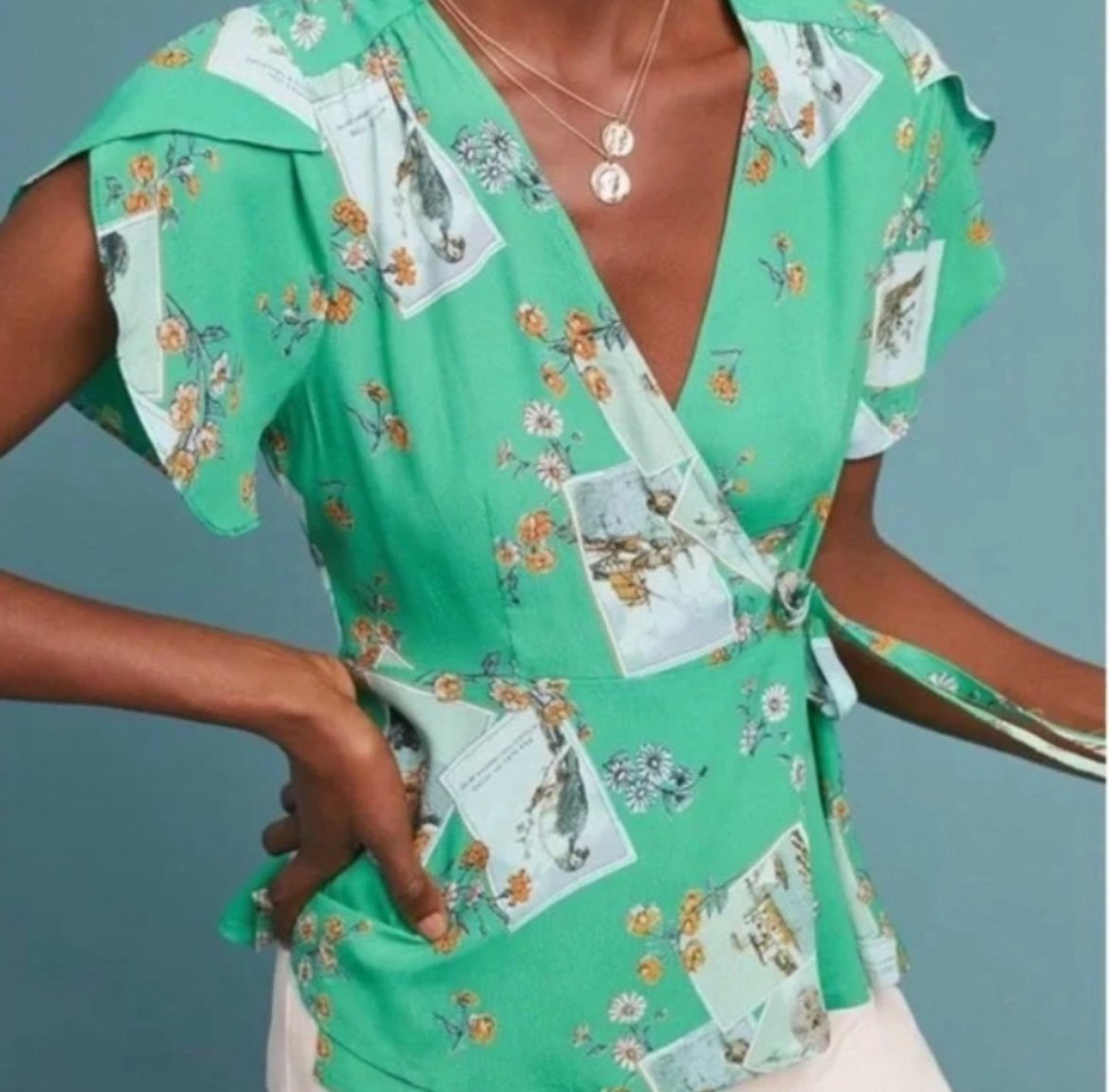 Anthropologie Meadow Rue Bon Voyage Tulip Flutter Sleeves Green Women Top Sz 4