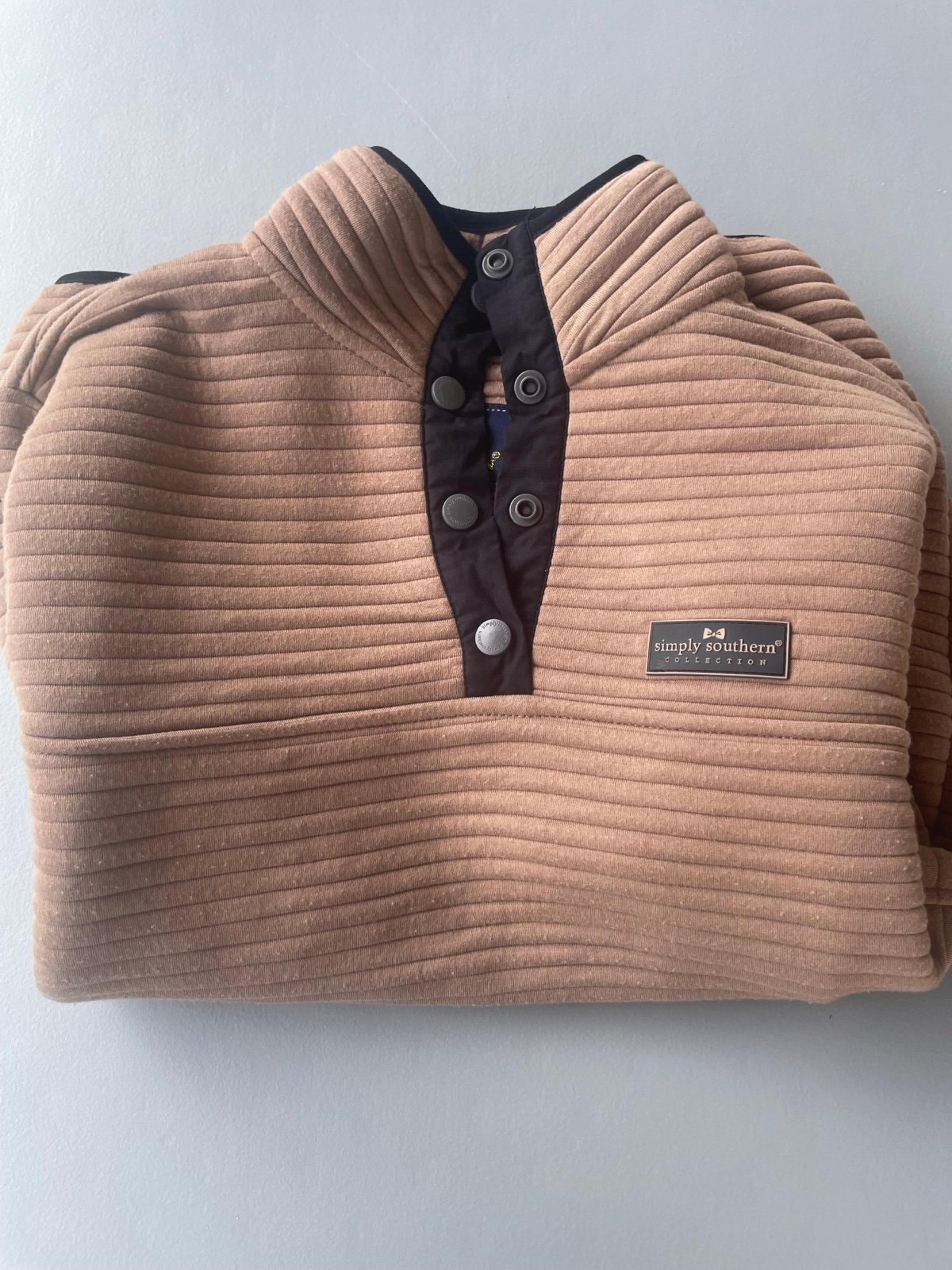 Simply Southern Women’s 1/4 Snap Ribbed Pullover Sweatshirt Size Small Tan Brown