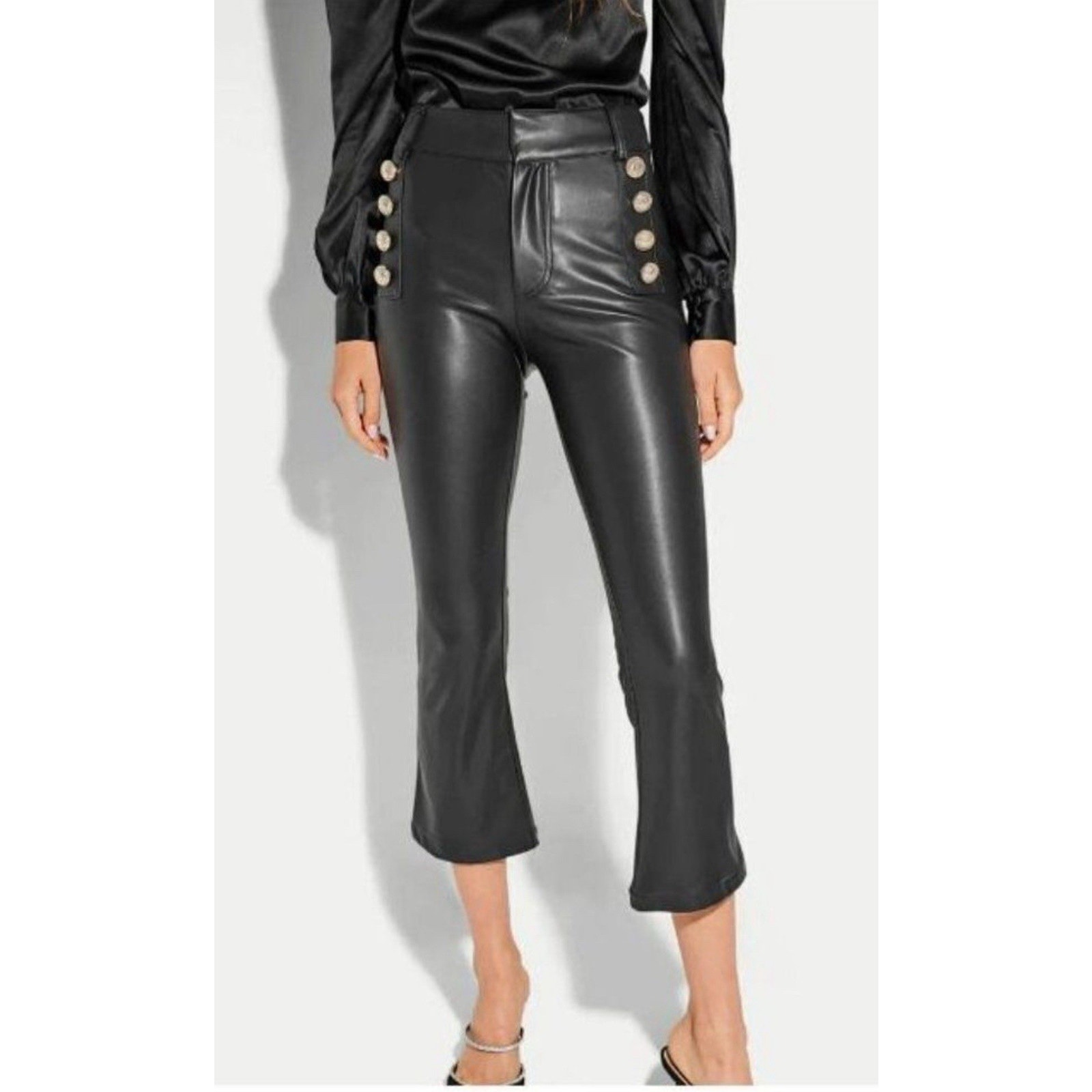 Generation Love Womens Amirah Crop Faux Leather Pants Gold Buttons Black Size 14