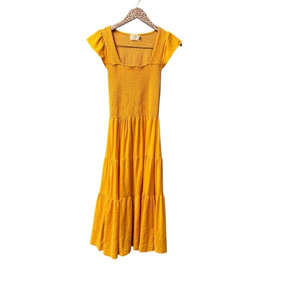 Nation LTD Josie Smocked Square Neck Cap Sleeve Tiered Midi Dress Yellow XS