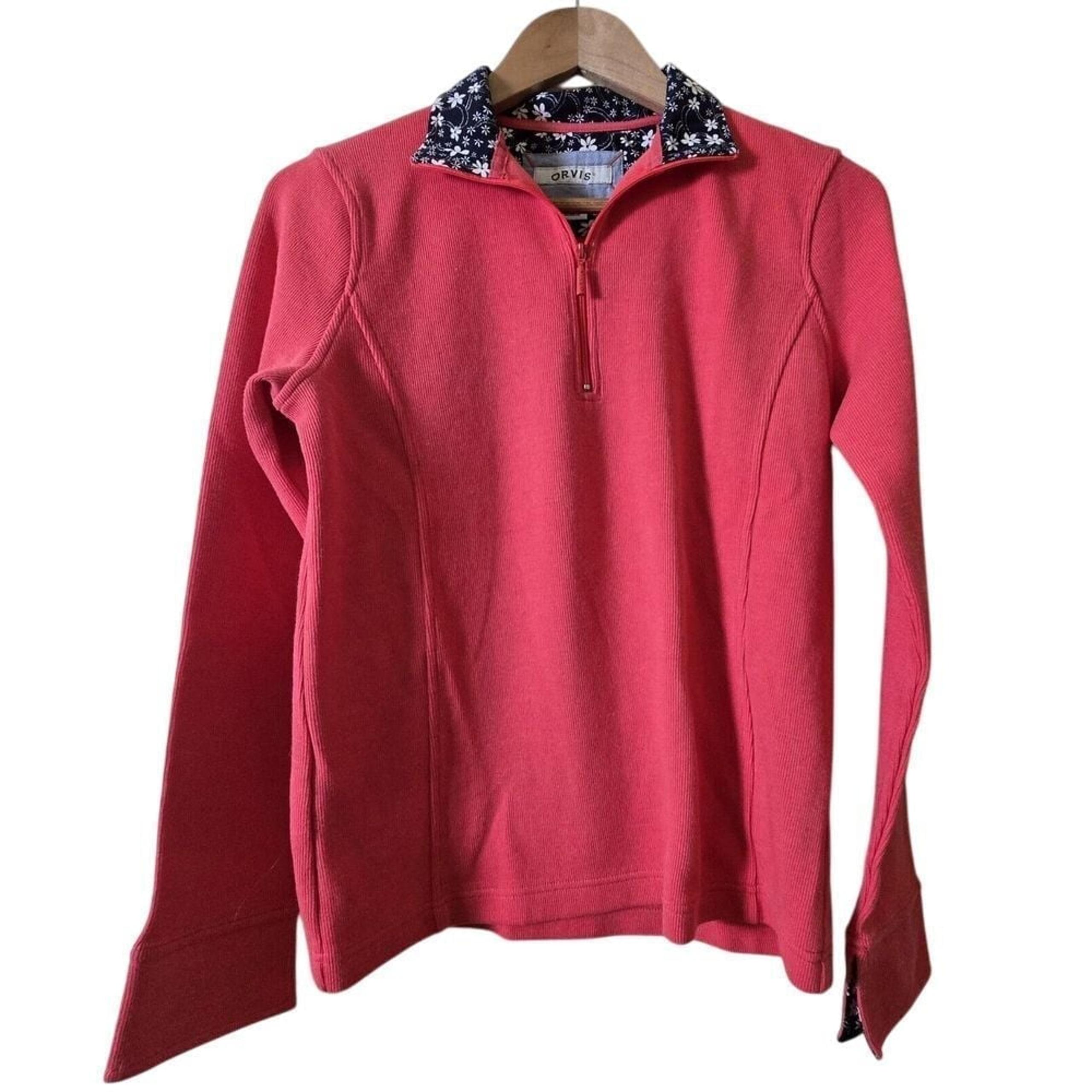 Orvis Pullover Quarter Zip Coral Pink Floral Collar Long Sleeve Top Small