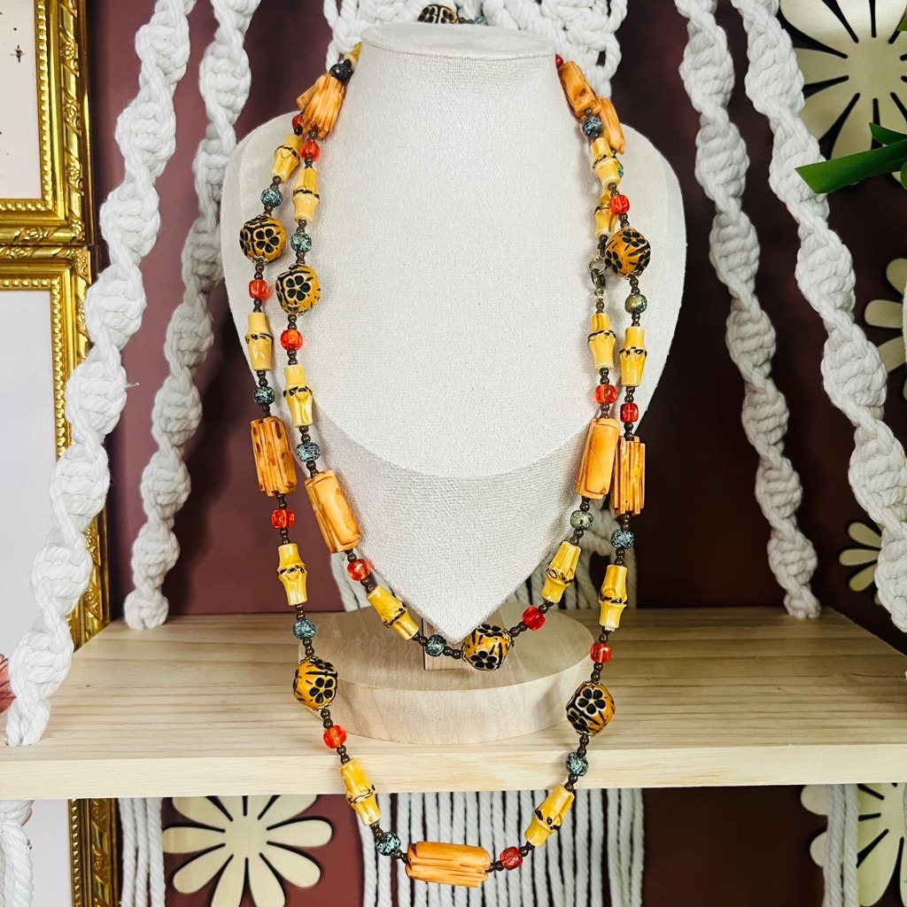Vintage 1970s Groovy Flower Power Beaded Necklace Multicolor Extra Long Hippie