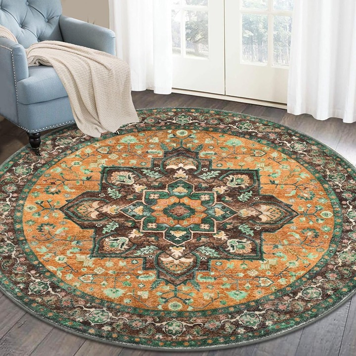 Washable Round Area Rug 4ft Non Slip Vintage Circle Rugs