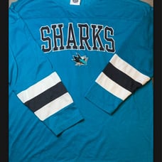 San Jose Sharks Hockey NHL Official Long Sleeve Spell Out Shirt Teal Black Mens