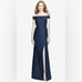 Alfred Sung NWT Navy Blue Off The Shoulder Criss Cross Back Satin Dress Size 16