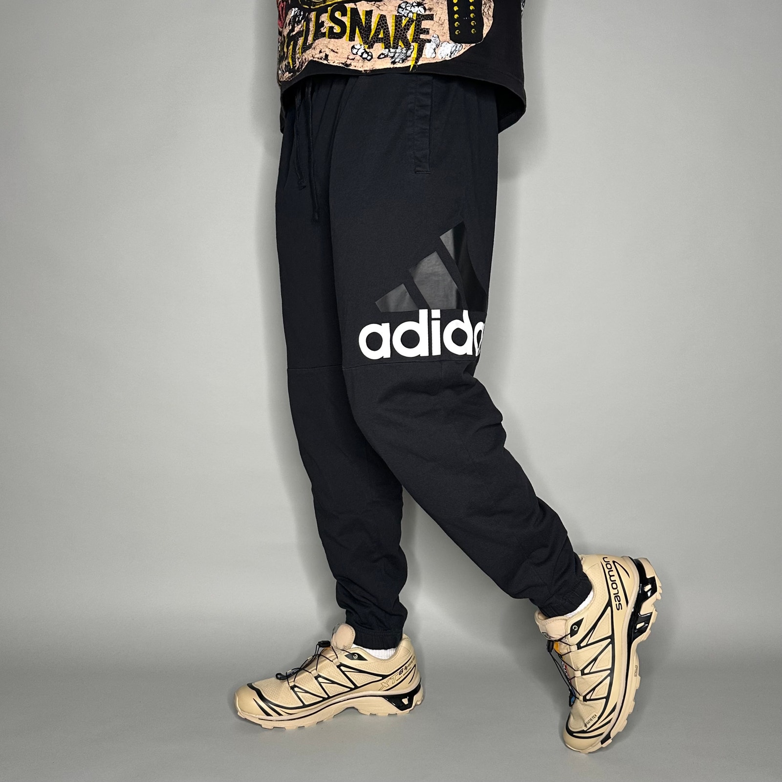 Adidas Sweatpants Jet Black Cotton Joggers White Spellout Logo