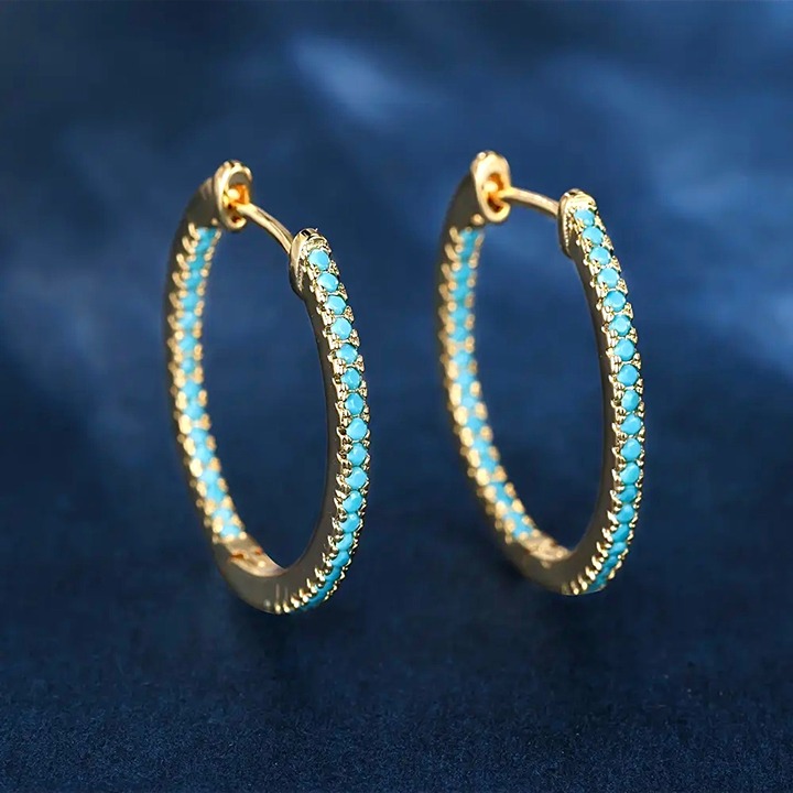 NWT 18K Gold Plated Blue Turquoise Crystal Hoop Earrings Minimalist Classic