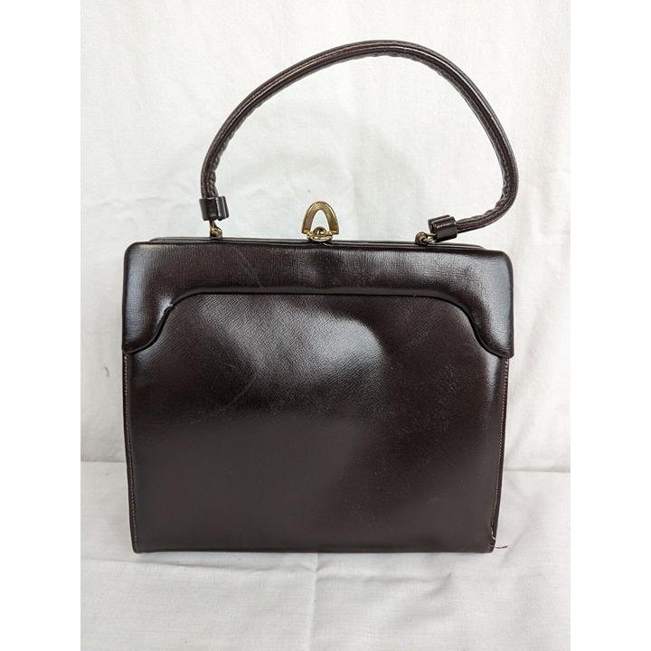 Vintage Ideal Brown Leather Single Handle Handbag Flip Clip Opening