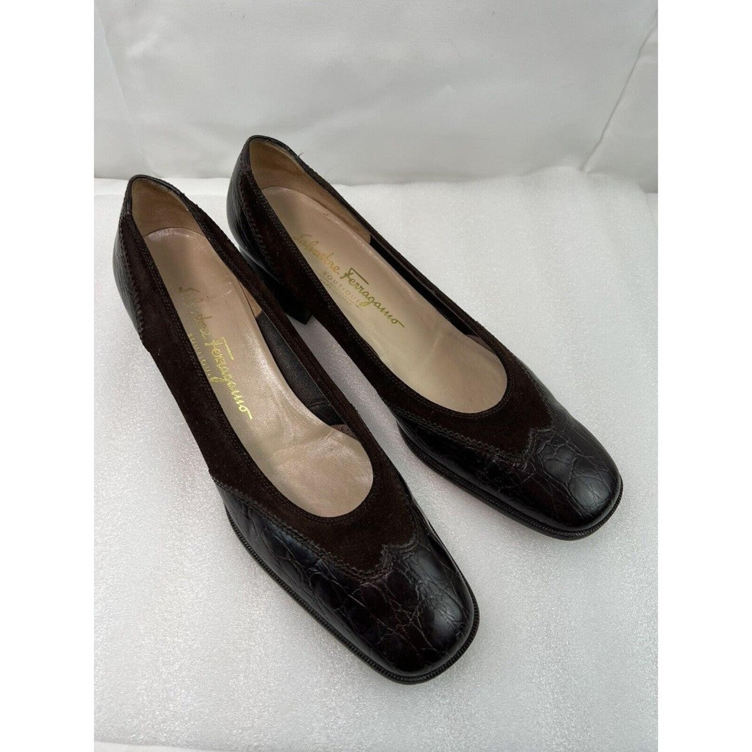 Salvatore Ferragamo Brown Suede Alligator Leather Block Heel Sz 8.5 A3 MSRP $849