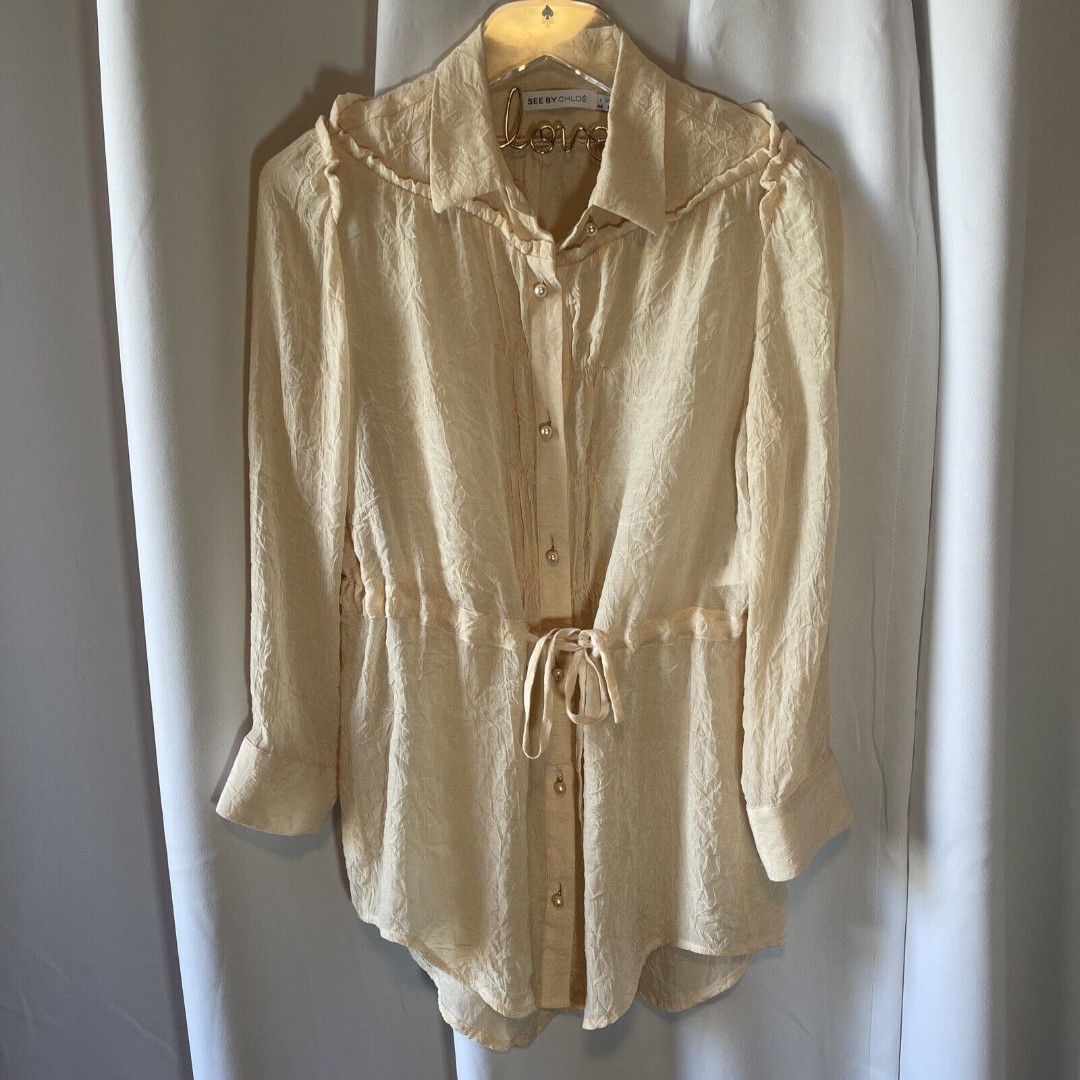 See By Chloe Crinkled Drawstring Waist Pearl Button Cream Blouse Sz 8