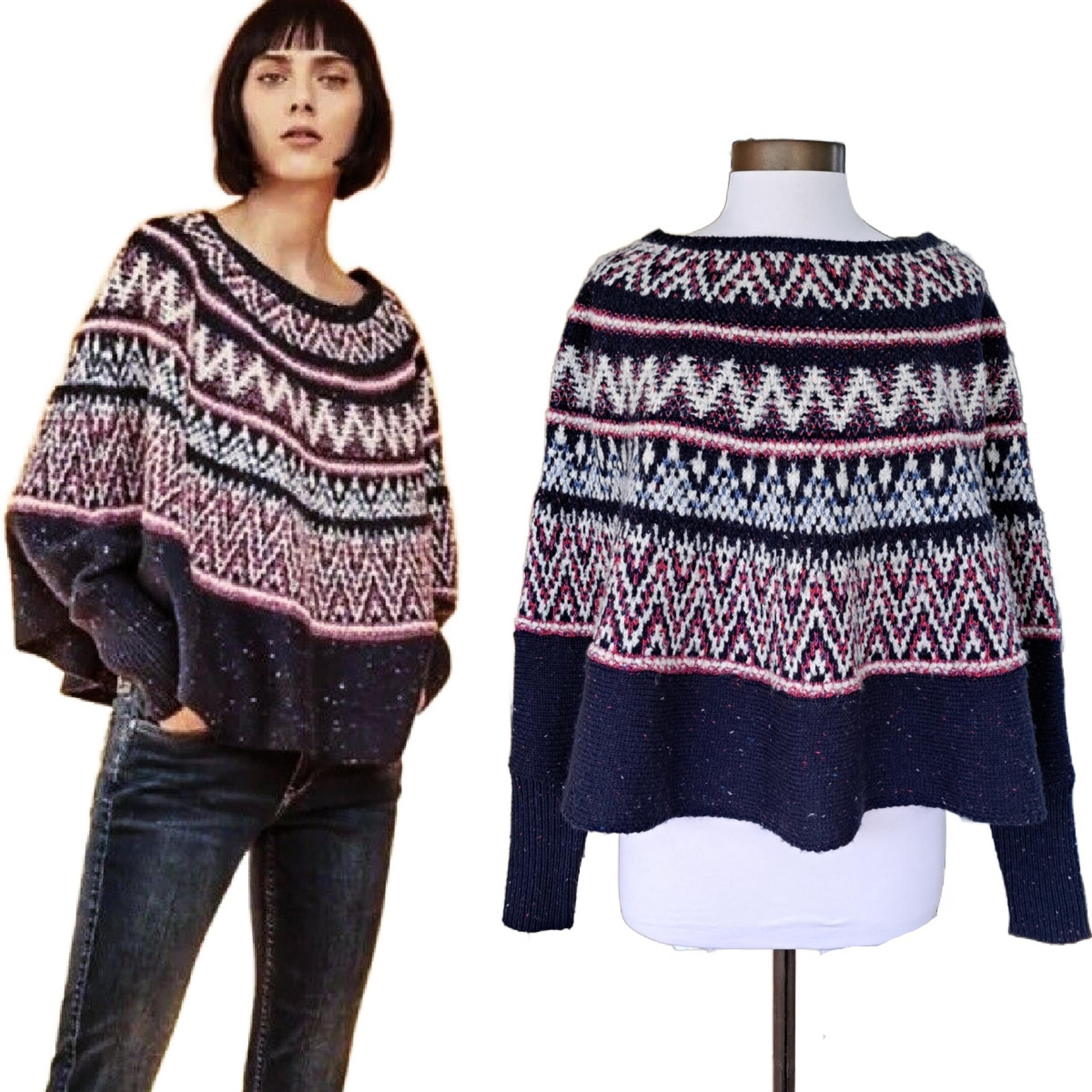 Anthropologie Sleeping on Snow Midland Nordic Fair Isle Cape Sweater XS/S Navy