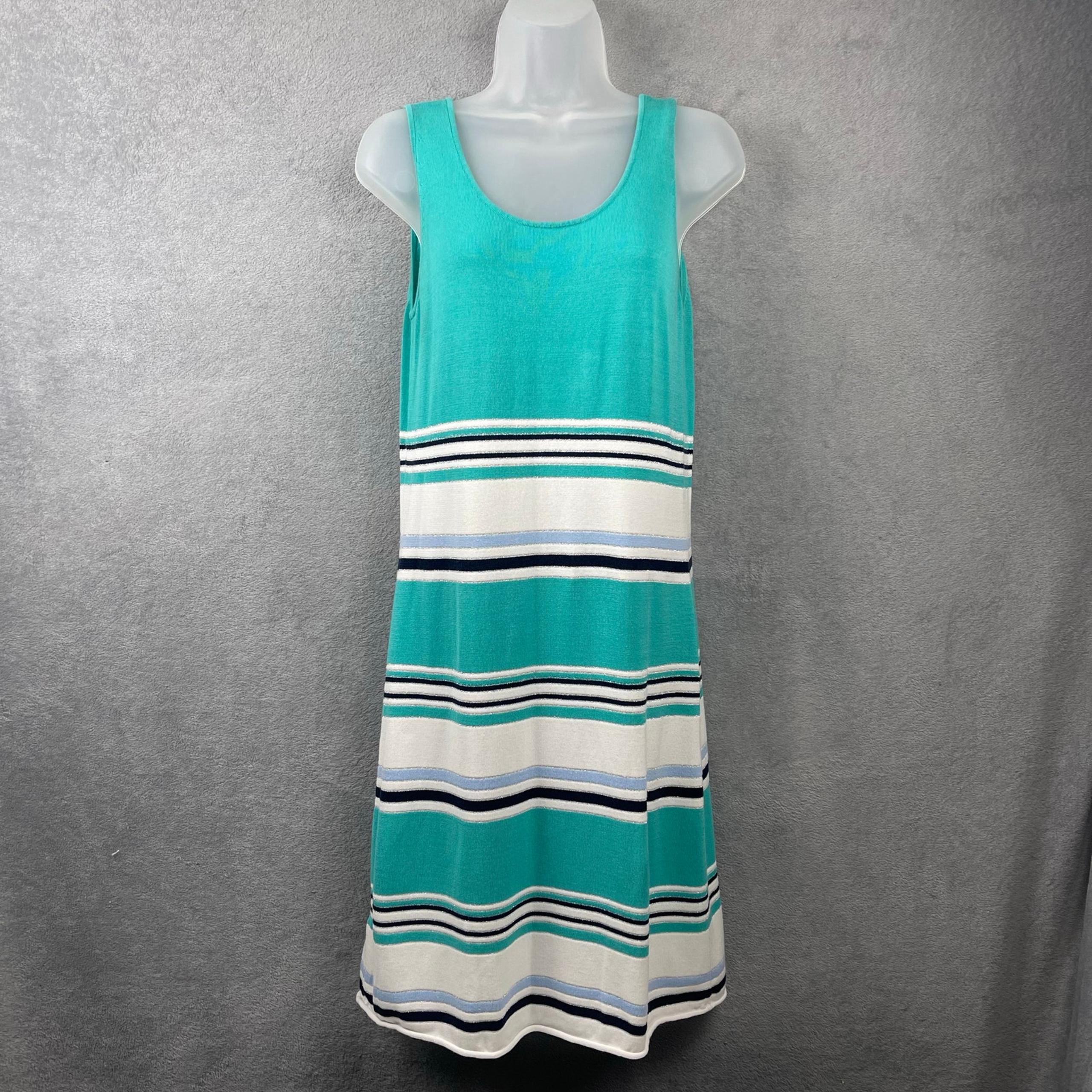 Tommy Bahama Womens Striped Midi Dress SZ M Teal Nautical Travel Cruise Beach