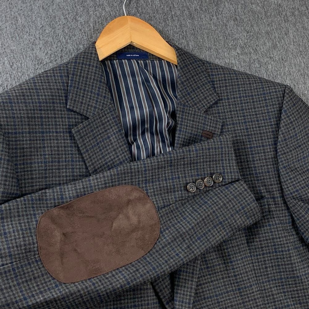 Stafford Blazer Jacket Mens 46R Window Pane Elbow Patch Classic Sport Coat Wool
