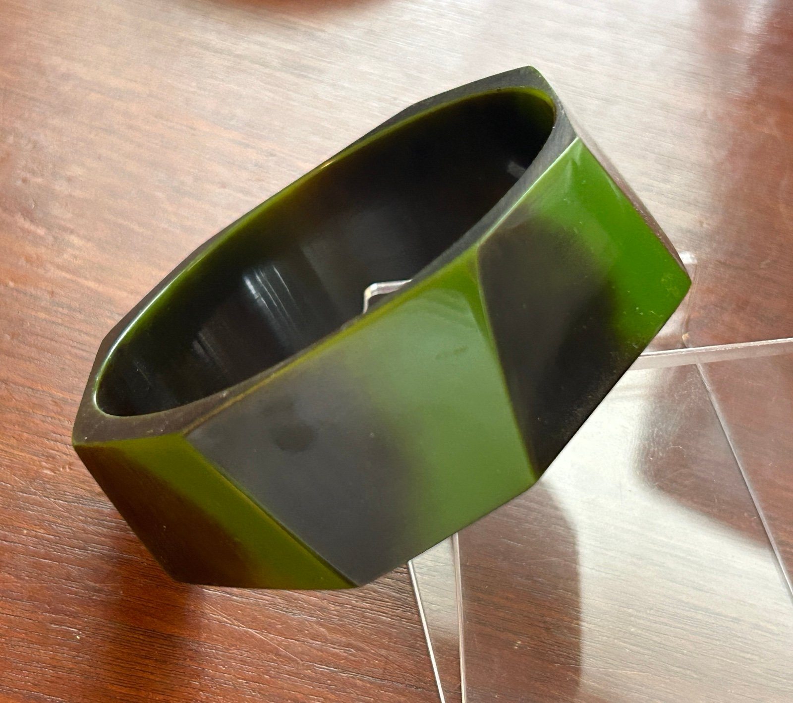 Vintage Bakelite Green Black Chunky Bangle Geometric Angular