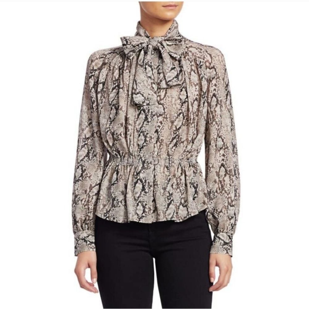 Frame 100% Silk Snakeskin Print Tie-Neck Peplum Blouse Top