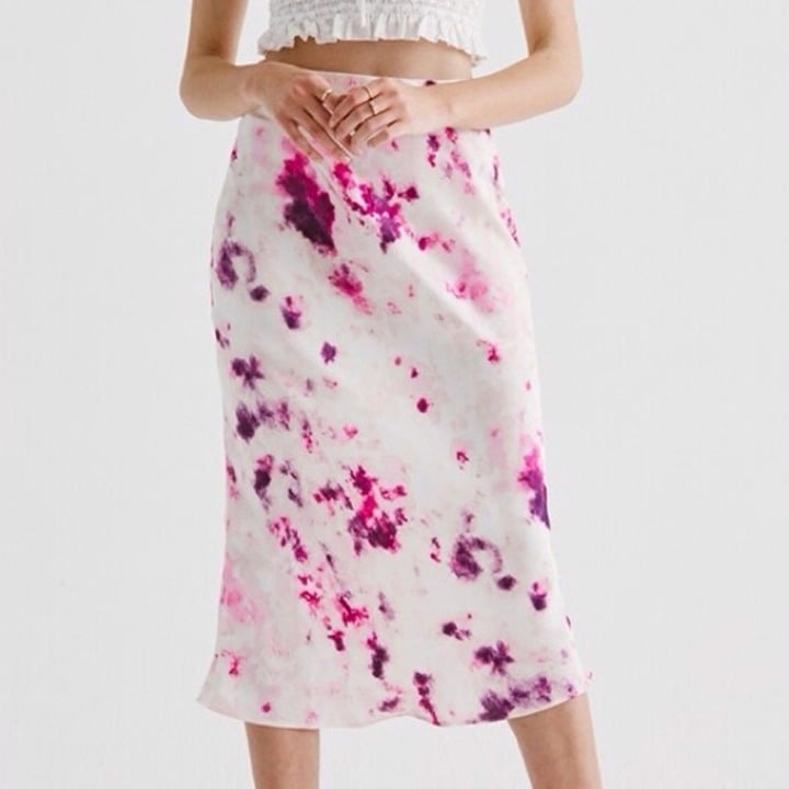 Bardot Women's White Pink Satin Pencil Midi High Rise Waist Skirt Size 4